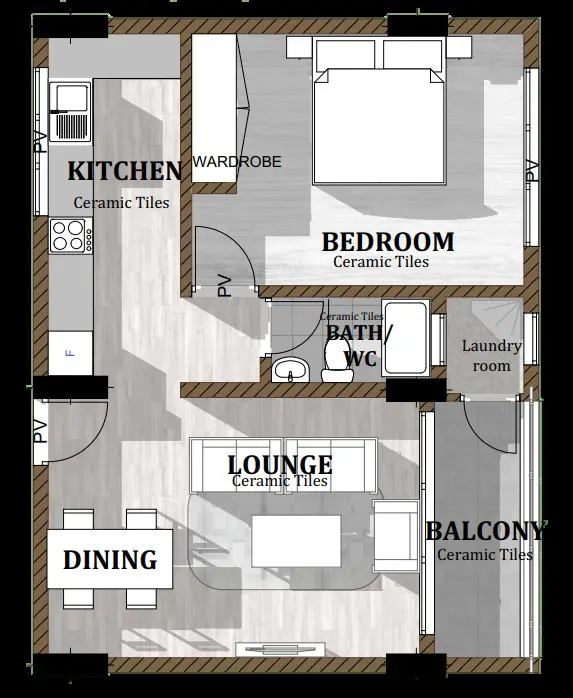 One bedroom Type A floor plan
